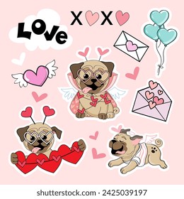 Sammlung von Valentinsaufklebern mit niedlichen Cartoon Mops Hunde und Herzen auf einem rosa isolierten Hintergrund. Vektor-Illustration für Valentinstag und Geburtstag