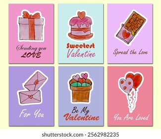 A collection of Valentine-themed greeting cards illustrated with watercolor images of gifts, balloons, chocolates, and love messages, perfect for poster, sale banners or greeting cards