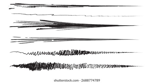 Eine Sammlung von verschiedenen schwarzen horizontalen Linien mit rauen, glatten, gezackten und Pinselstrichen. Handgezeichnete Farbelemente.