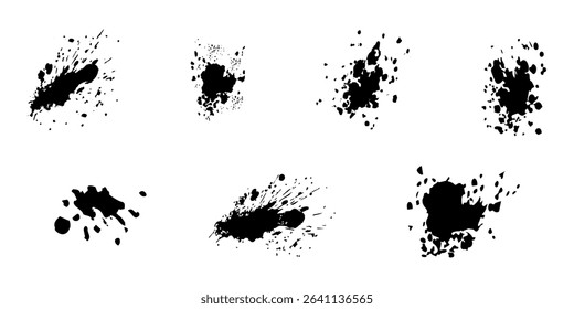 Collection of varied black ink splatter shapes isolated on transparent background, perfect for grunge, art, or abstract design projects. Splash splatter marks. Vector art