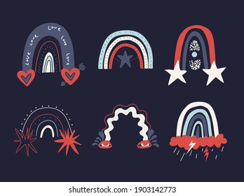 Collection of varied rainbows isolated on dark blue background. Hand-drawn set of abstract rainbow shapes in trending style. Vector stock illustration in flat design.