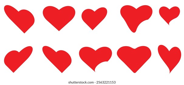 Collection of Varied Red Heart Shapes on White Background. A set of diverse, stylized heart shapes in solid red against a plain white background. 