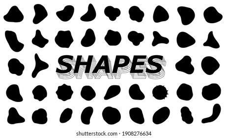 A collection of varied shapes. Concept spots and blots grunge. Abstract templates Irregularly shaped organic black droplets in flat style. Liquid simple amorphous stains. Vector shapes liquid set