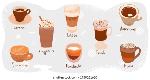 A collection of varieties of coffee. Vector hand drawn illustration for a menu of restaurants, online stores. Doodle background contains various shapes, spots, drops, lines. Modern trendy vector art.