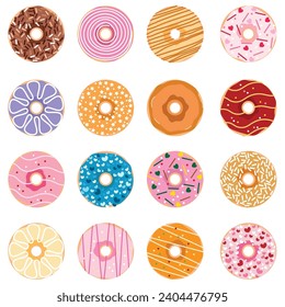 Colección de donuts de variedad sobre fondo blanco. Ilustración vectorial del concepto de producto de postre dulce