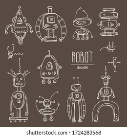 Collection of varios robots. signs and icons. Hand drawn vector doodles illustration.
