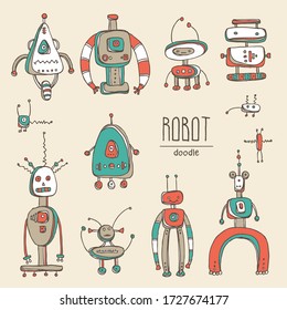 Collection of varios robots. signs and icons. Hand drawn vector doodles illustration.