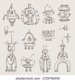 Collection of varios robots. signs and icons. Hand drawn vector doodles illustration.