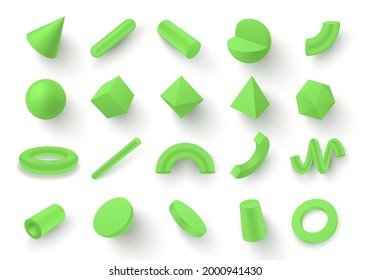 Collection of various 3d green geometric shapes vector illustration in realistic isometry style. Set of modern minimalistic figures template isolated. Decorative bright form with trendy glossy surface