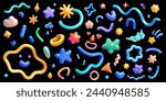 Collection of various 3D plastic cute vector shapes. The collection features stars, hearts, squiggles, geometric figures, and abstract forms, all conveying a sense of playful creativity and whimsical 