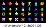 Collection of various 3D plastic cute vector shapes.3D set includes simple shapes, faceless simple people, pointing hands, star, tree fir.