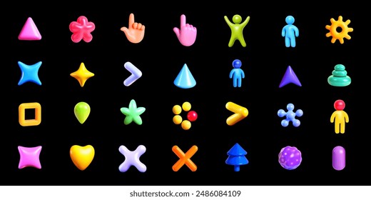 Collection of various 3D plastic cute vector shapes.3D set includes simple shapes, faceless simple people, pointing hands, star, tree fir.