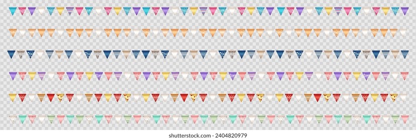 Collection of various 3d realistic party flags, bunting on transparent background. Set of multicolored  pennants, seamless triangle garland as a decoration for birthday celebration, festival, carnival