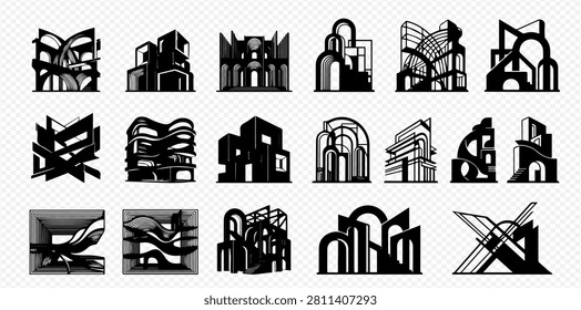 A collection of various abstract architectural designs, showcasing modern and futuristic building concepts with geometric shapes and dynamic lines.