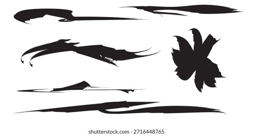 Uma coleção de vários traçados e manchas de pincel de tinta preta abstratos, apresentando diferentes texturas e formas, isolados em um fundo branco limpo, ideal para elementos de design gráfico.