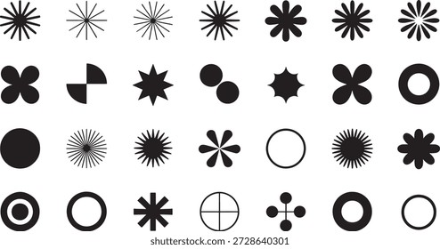 Collection of various abstract black and white geometric shapes and symbols arranged on a white background, ideal for creative design projects, decorations, and artistic applications.