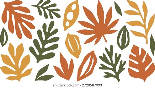A collection of various abstract botanical shapes, including large leaves and seed pods, rendered in a trendy mid-century modern cut-out style using earthy tones like terracotta, ochre, and olive green.