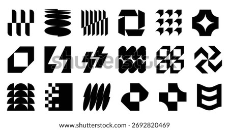 Collection of various abstract geometric graphic shapes in black and white. Vector illustration provides creative assets for graphic design projects, patterns and branding materials.