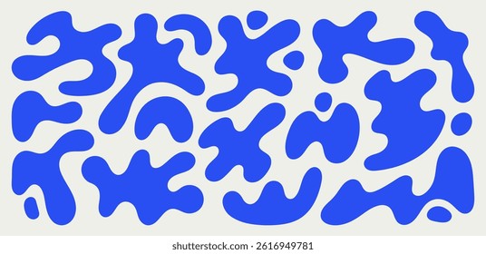 Collection of various abstract liquid shapes in blue on light background. Each shape is unique, with rounded and flowing forms drawing by hand. Vector illustration 