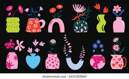 Collection of various abstract plants in geometric vases. Different types of flower bouquets vector illustration large set in cartoon groovy funky style. Spring, summer floral elements stickers bundle