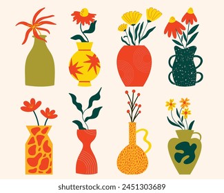 Collection of various abstract plants in geometric vases. Different types of flower bouquets vector illustration set in cartoon, groovy, funky style. Spring, summer floral elements stickers bundle
