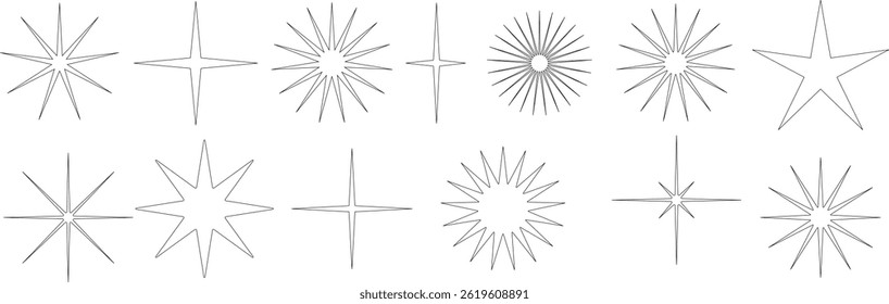 A collection of various abstract star shapes and bursts in black outline on a white background. The set features different geometric star designs, including sharp, spiky, and symmetrical forms