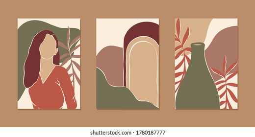 Colección de varios antecedentes verticales abstractos para aplicaciones móviles y contenido de medios sociales con retrato femenino, planta y forma abstracta en color de tierra moderna, estilo minimalista. Ilustración del vector