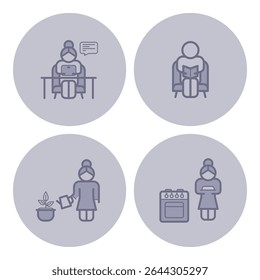 Coleção de várias atividades de indivíduos idosos, incluindo leitura, trabalho em comprimidos, regar plantas e interagir, destacando a sua vida diária