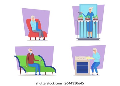 Collection of various activities of elderly individuals at home, such as relaxing, gardening, sitting, and cooking, representing their daily life and interests