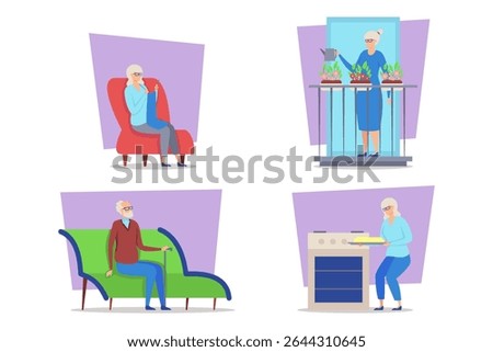 Collection of various activities of elderly individuals at home, such as relaxing, gardening, sitting, and cooking, representing their daily life and interests
