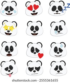 A collection of various adorable panda facial expressions, panda animal emojis