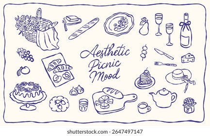 Collection of various aesthetic picnic line art elements. Hand drawn vector illustration. All elements are isolated.