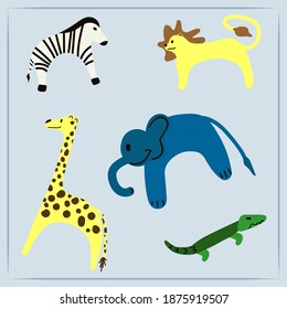 Collection of various African tropical animals. Simple children's illustration of doodle and hand draw style. Cool prints for baby clothes, products, food, book covers. Zebra, lion, elephant, giraffe.