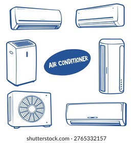 Collection of various air conditioner types including wall-mounted, portable, and window units, illustrated in a simple line art style with labeled text
