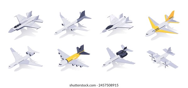 A collection of various aircraft models, isolated on a white background, showcasing aviation concepts. Set of detailed vector illustrations isolated on white backgrounds