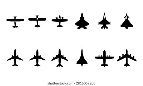 A collection of various airplane silhouettes, including commercial jets, fighter planes, and propeller aircraft, isolated on a white background.