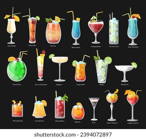 Collection of various alcohol cocktails. Bar drink contains of vodka, rum, whiskey, martini, aperol soda set. Menu list. Colourful fruit juice. Isolated on black background. Vector illustration.