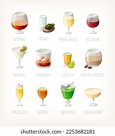 Collection of various alcohol drinks cocktails and shots in different glasses. Isolated vector images. Most famous beverages you find in bars restaurants and cafe. 