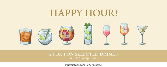 A collection of various alcoholic cocktails and drinks including mojito, martini, and spritz, designed for a happy hour bar promotion or menu.