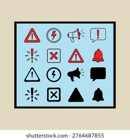 A collection of various alert and warning symbol icons displayed in a grid on a light blue background Vector