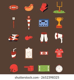Coleção de vários ícones do futebol americano desenhado em um estilo simples, plano, esboço. Os ícones representam diferentes elementos do , incluindo a bola, o equipamento, os uniformes dos jogadores, os placares