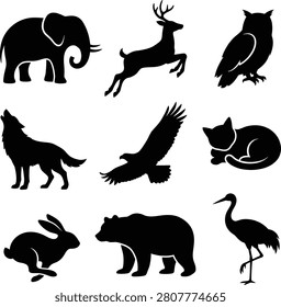 A collection of various animal silhouettes including an elephant, deer, owl, wolf, eagle, cat, rabbit, bear, and crane on a white background.