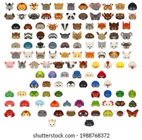 Collection of various animal stickers or icons on white background. All popular animals. Animal paper face masks for children