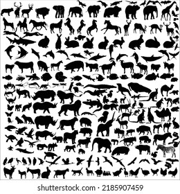 Collection of various animals black vector silhouette  isolated on white background