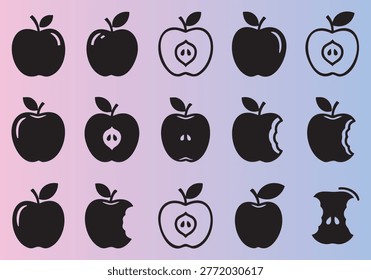 Collection of various apple icons with bites seeds and crosssections in flat design style