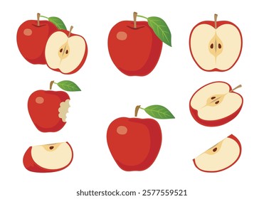 A collection of various apple illustration icons, including whole apples and cut apples