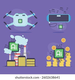 Collection of various applications of artificial intelligence, including drone, speaker, industrial setup, and AI-related currency symbols against vibrant background