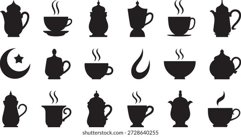 Sammlung von verschiedenen arabischen Tee-und Kaffee-Silhouetten auf einem sauberen weißen Hintergrund perfekt für kulturelle und Getränke verwandte Designs und Projekte angezeigt.