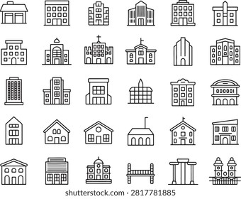 Collection of various architectural icons featuring different building styles and structures