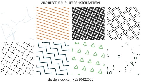A collection of various architectural surface hatch patterns including geometric lines grids and abstract shapes for technical drafting.